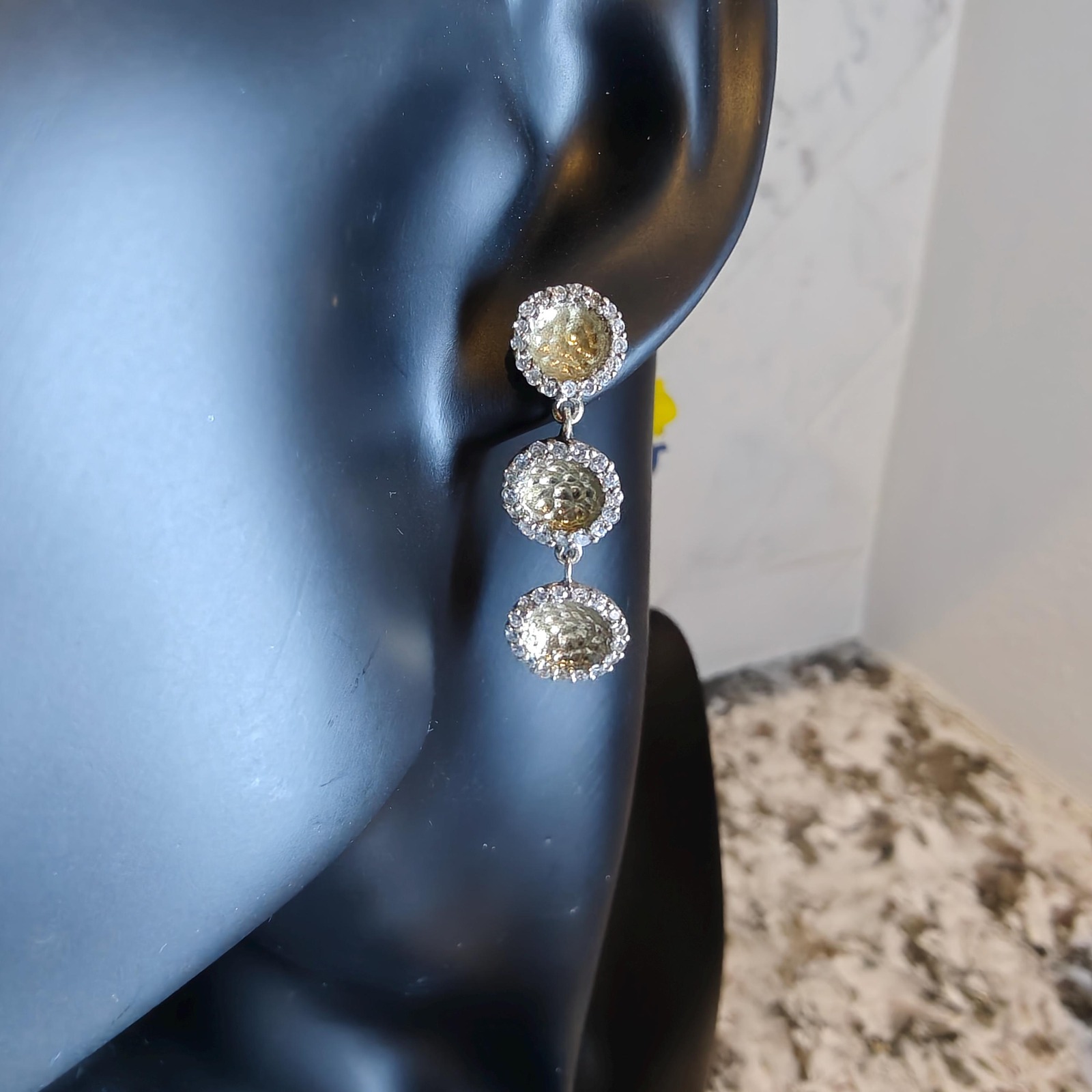Sterling Silver Cz Gold Hammered Unique Earrings.